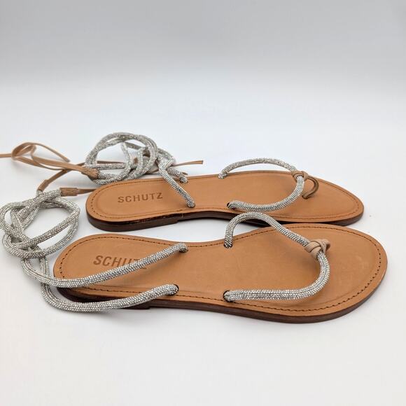 Schutz Kittie Glam Casual Flat Sandals Women's Silver/Beige Size US8B EU38.5 - Picture 5 of 14